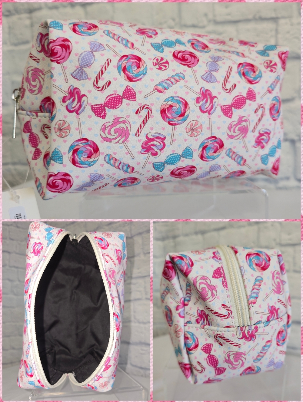 Candy Hearts Lollipop Sweet Treats Print Zip Travel Pouch Whimsical Bag New
